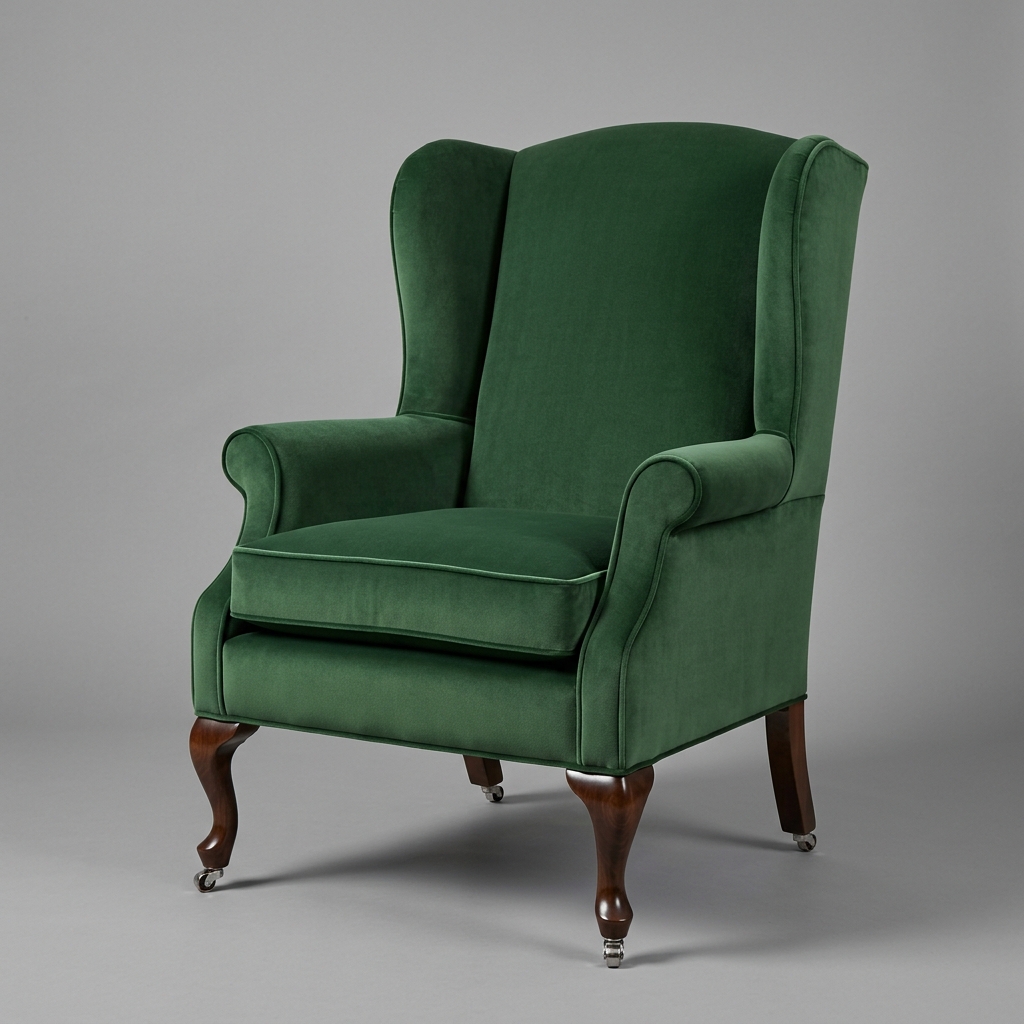Victorian wingback armchair after restoration, upholstered in premium textured linen fabric