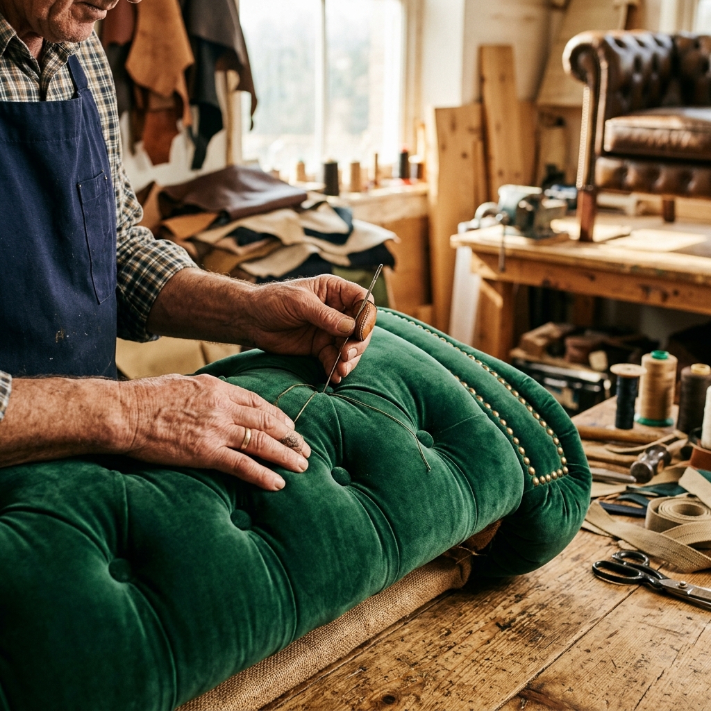 Andy Davis working on a classic tufted Chesterfield sofa in the workshop